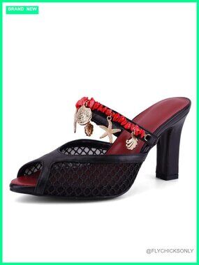 Beaded Mesh Mules Peep Toe Block Heels Shell Charms Slip On
